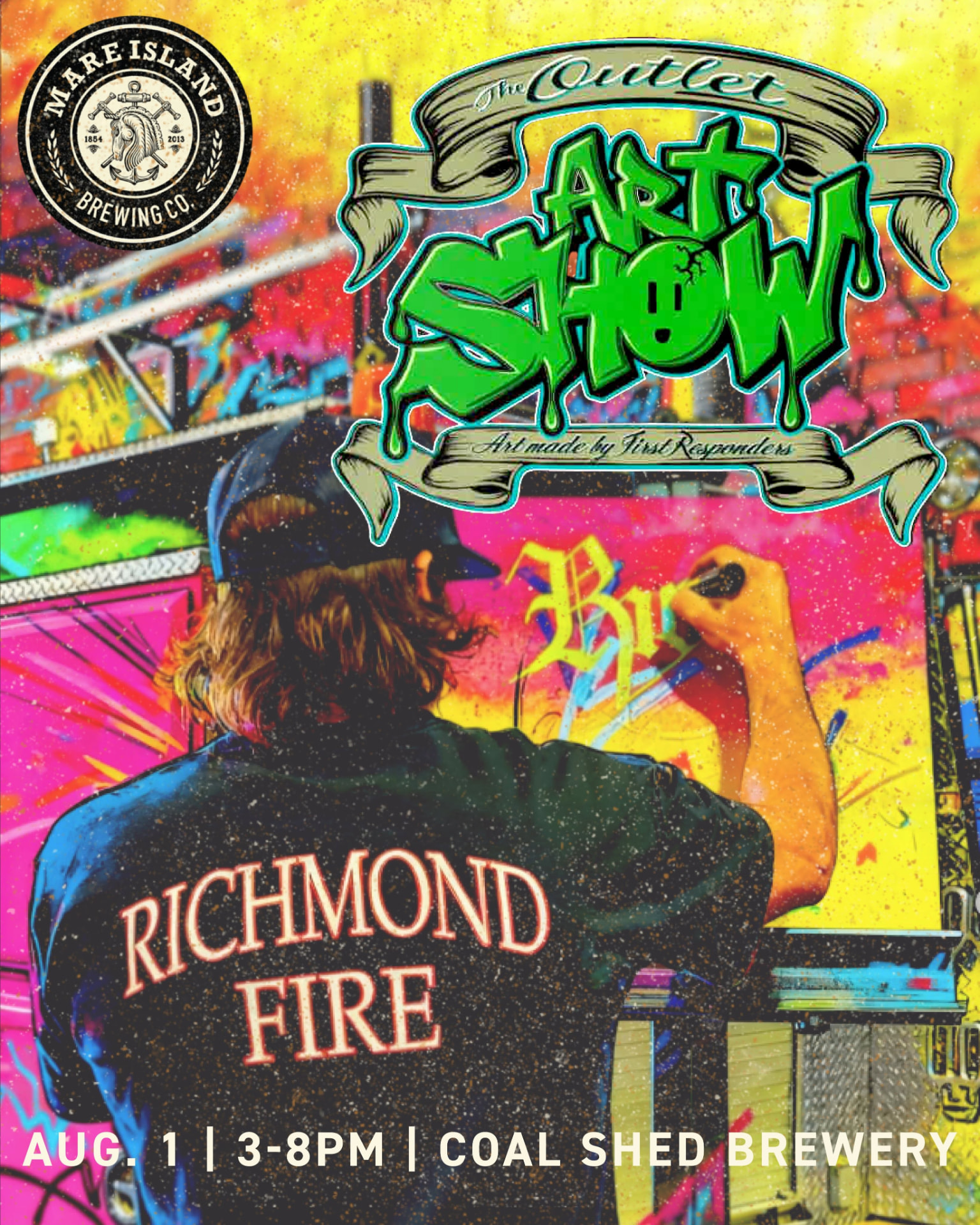 The Outlet Art Show flyer — art made by first responders, August 1, 3–8pm at Coal Shed Brewery, Mare Island Brewing Co.