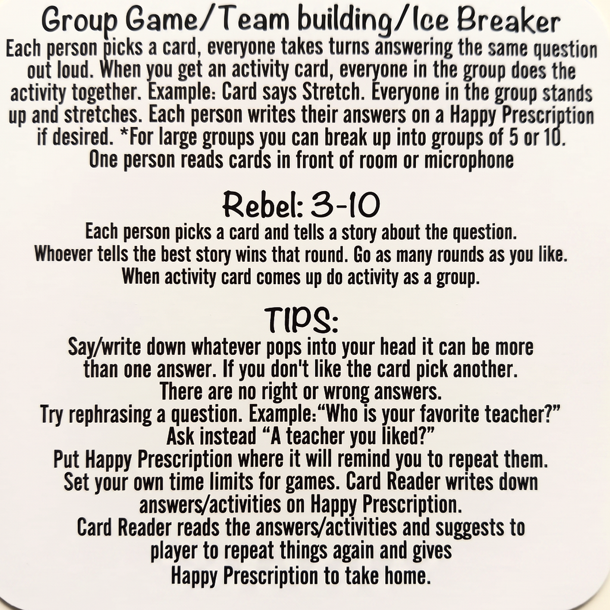 Back of the Get Your Happy! instruction card showing group game, team building, ice breaker, and Rebel game mode tips