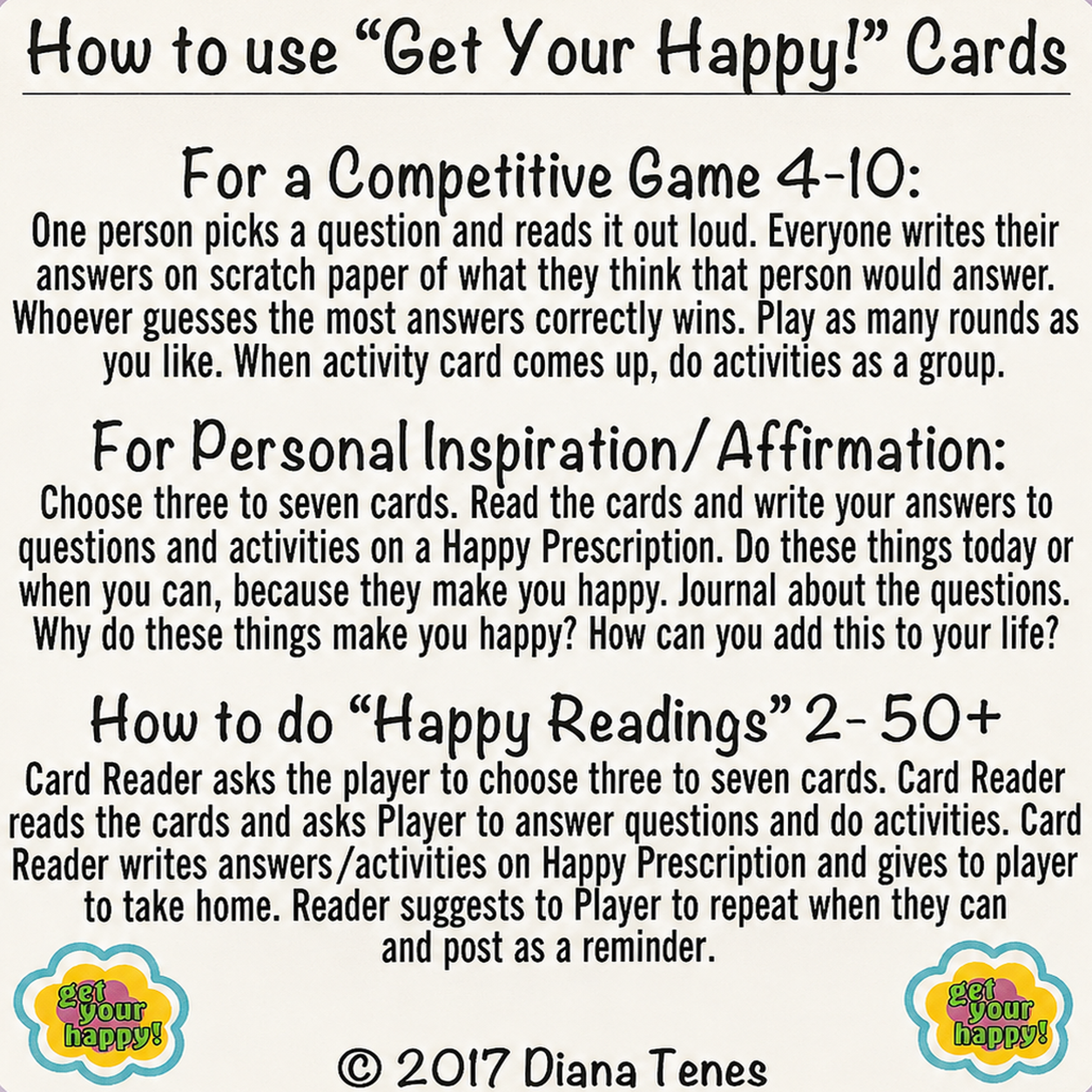 Front of the Get Your Happy! instruction card showing how to use the cards for competitive game, personal inspiration, and Happy Readings